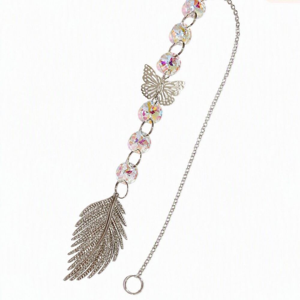 Iridescent Glass Butterfly Silver Leaf Chain Hanging Suncatcher Ornament 17"